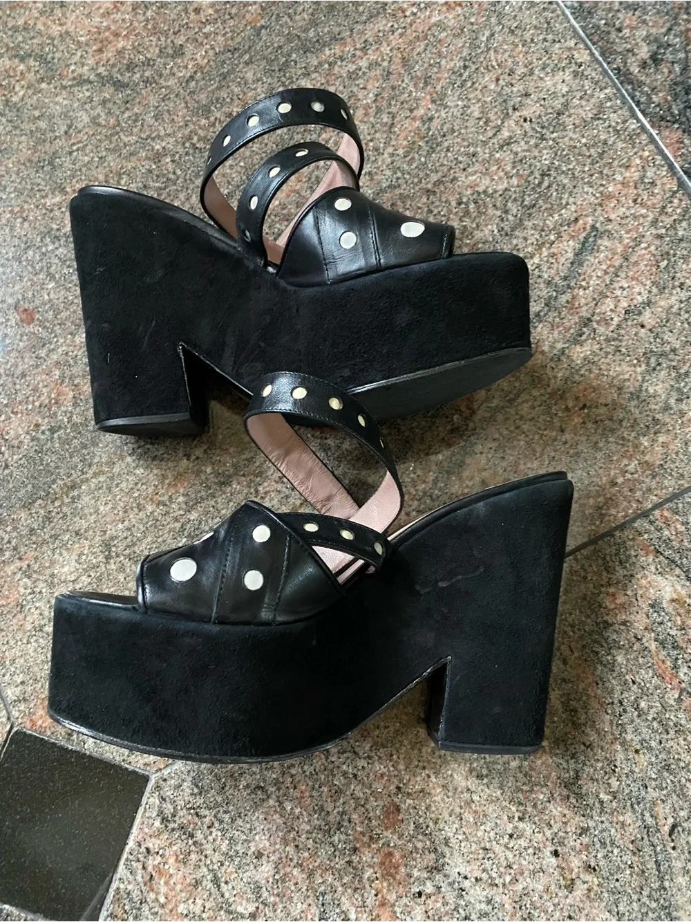 Moschino Black Leather Platform Sandals with White Polka Dots and Gold Buckle
